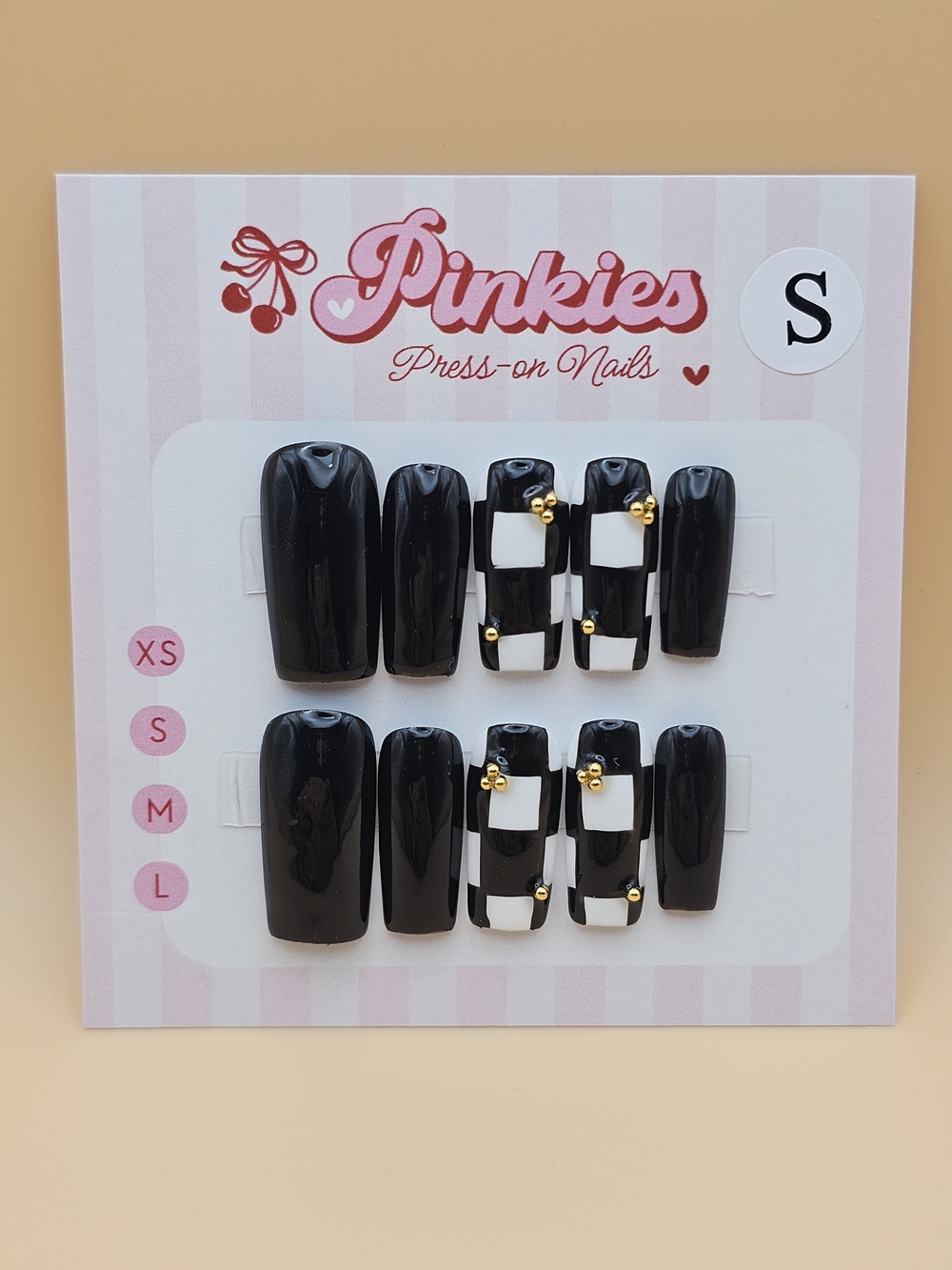 Size S Press-on Nails Set 10pc Square Black White Checkers Gold Gems